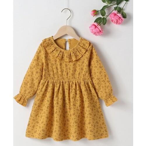 Winter 2021 New Arrivals Girls Dress Long Sleeve Peter Pan Collar Floral Earth-yellow Cute Streetwear Dresses Vestidos 18M-6T