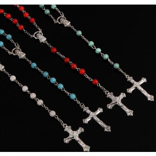 48 pieces / 6MM green imitation loose necklace rosary cross necklace. Star Santa Maria prayer rosary cross medal necklace