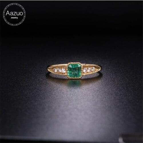 Aazuo 18K Yellow Gold Natural Emerald Real Diamond Prong Setting Classic Origanal Square Ring gifted for Women Valentines Day
