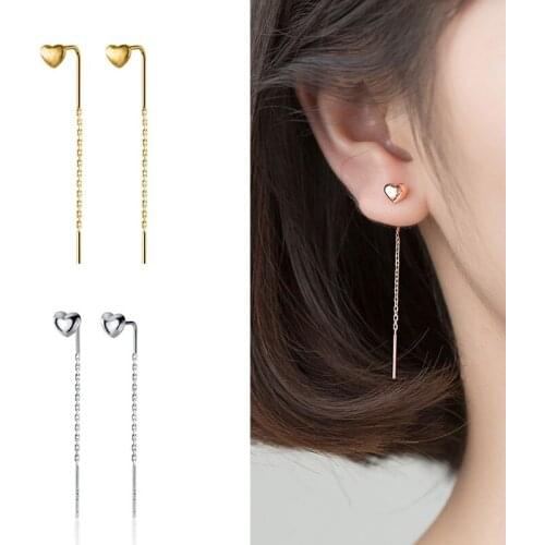 AIFENAO Real 925 Sterling Silver Heart Hanging Earrings For Women Long Chain Tassel Ear Stud Minimalist Fine Jewelry Girls Gifts