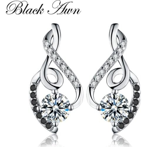 [BLACK AWN] Genuine 925 Sterling Silver Female Earring Fine Jewelry Vintage Wedding Stud Earrings for Women T006