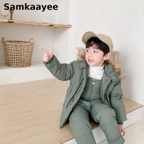 2-7y Childrens Clothing Set Winter Girls Boys Suits Down Jacket +Jumpsuits Baby Overalls Tracksuit Kids Fur Hooded Clothes 2pcs