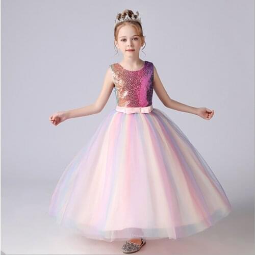 Teenager Bridesmaid Formal Dress Sequins Elegant Princess Long Tulle Birthday Party Dress Children Girl Evening Dresses Vestido