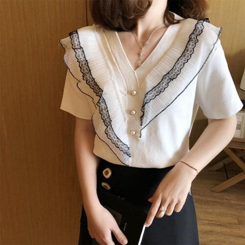 Viscose Fiber T-shirt Womens Spring and Summer New Korean-Style Loose Lace Sweater V-neck Short-Sleeved Fashion Womens Shirt
