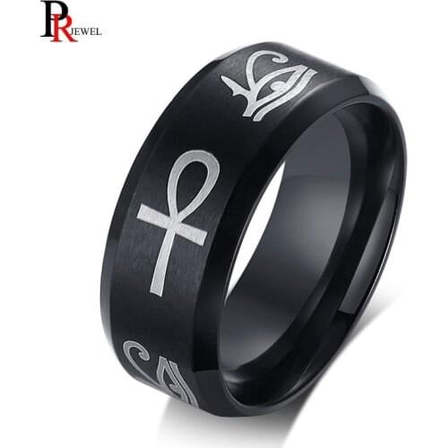 Egypt Eye of Horus Ankh Cross Rings for Men Women Black 8MM Stainless Steel Prayer Male anel Jewelry