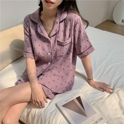 Women Summer Pajama Set Lapel Collar Short Sleeve 2 Piece Set Cute Cotton Home Suit Shorts Pijamas Sleepwear Girls Homewear