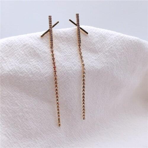 Korea full diamond cross design X letter earrings without ear holes long tassel earrings temperament earrings