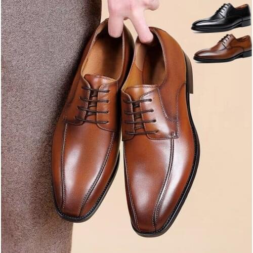 2021 New Mens Leather Shoes Color Polished Square Toe Lace Black Brown Fashion Business Loafers Men Casual Shoes