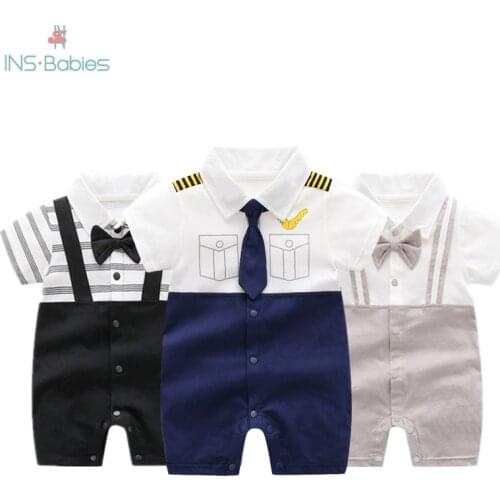 2021 New Baby Gentleman Clothes Pure Cotton Summer Climbing Rompers Boys Short Sleeve Jumpsuits Newborn Kids Party Infants 0-24m