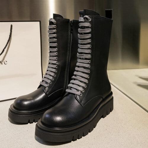 2021 New Autumn Leather Boots European And American Fashion All-match Black Mid-tube Knight Boots