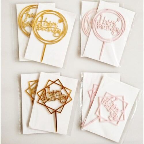 New Colored flowers Happy Birthday Cake Topper Golden Acrylic Birthday party Dessert decoration for Baby shower Baking supplies