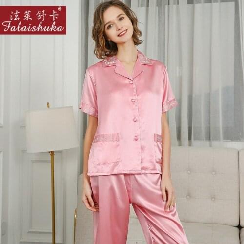 22 momme Elegant 100% natural silk pajamas sets women sleepwear short sleeves sweet pink genuine silk womens pyjamas T8240