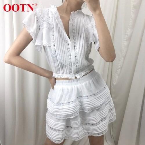 OOTN Sexy Sleeveless Two Piece Set Ruffle Lace Mini Skirt Ladies Pink White Women Skirt And Top Set Summer Suit 2020 Fashion