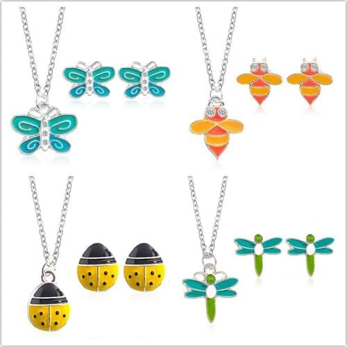 Timlee N015 Originality Lovely Animal Coccinella Septempunctata Butterfly Honeybee Dragonfly Pendant Necklace Set Wholesale