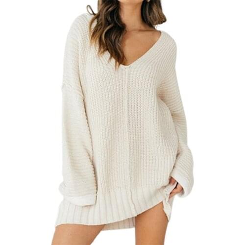 Autumn Long Oversized Pullover Knitwear Sweater Long Sleeve V Neck Solid Color Women Knitted Blouse for Daily Streetwear