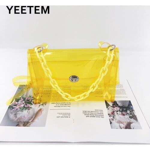 Yellow jelly color transparent packaging PVC small square bag resin chain decoration ladies portable diagonal lipstick bag purse