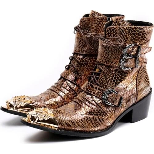 Luxury Golden High Heel Western Cowboy Boots Mens Pointed Toe Genuine Leather Show Boots Europe America Height Increase Boots