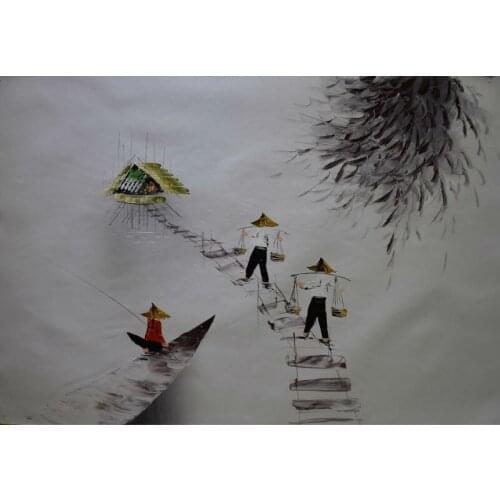 Hand Painted Oil Painting on Canvas Vietnam Landscape Fishing Painting Canvas Painting Modern Wall Art Pictures for Living Room