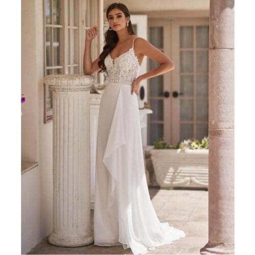 Ivory Chiffon Lace Beading Spaghetti Straps Floor-Length A-Line Wedding Dresses Custom Made Sleeveless Bridal Gowns