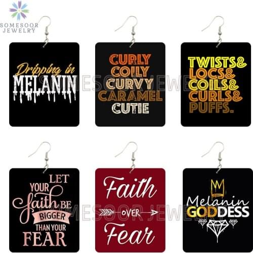 SOMESOOR Faith Over Fear Inspired Sayings Printed Wooden Drop Earrings Poppin Melanin Goddess Locs Rectangle Dangle For Women