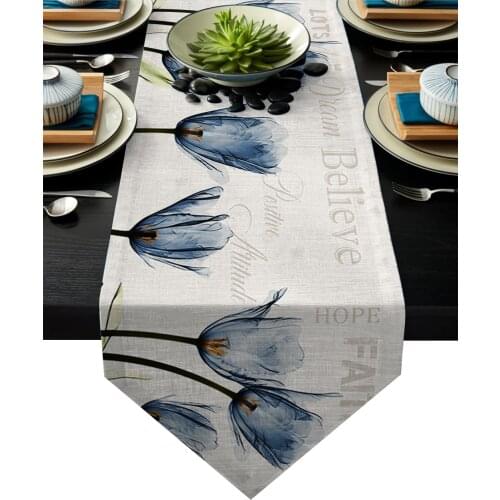 Modern Floral Tablecloth Blue Tulip Flowers Text Table Runner For Wedding Hotel Party Table Runners Home Decoration