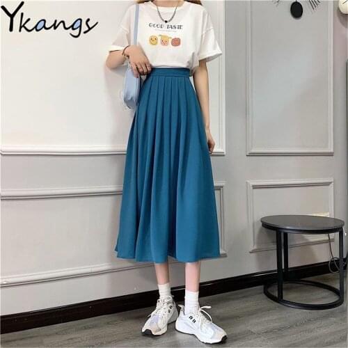 Vintage Solid Color Pleated Skirts For Students Japanese Women Harajuku High Waist Long Skirts Korean Wild Simple Casual Loose