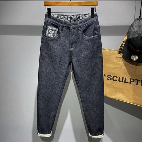 High Quality Young Men Japanese Jeans Printed Belt Pocket Hip Hop Street Dance Simple Sweatpants Male Denim Trousers