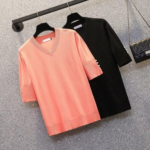M-4XL plus size women Summer kint t-shirt top loose casual short sleeve v neck button Oversized sweater pullover jumper 2021