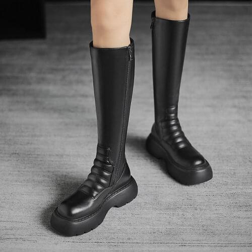 QZYERAI 2021 Platform Genuine Leather Knee-High Boots Round Toe Winter Women Shoes Chelsea Boots