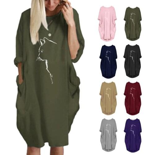 1pc Dress Oversize S-5XL Fashion Womens Jumper Cute Cat Printed Loose Casual Short Sleeve Pocket Pullover Mini Dress robe c50