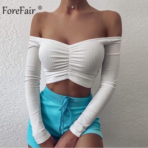 Forefair Off the Shoulder Top Shirt Ribbed Ruching Solid Slim Streetwear Long Sleeve T Shirt Women Sexy Crop Tops