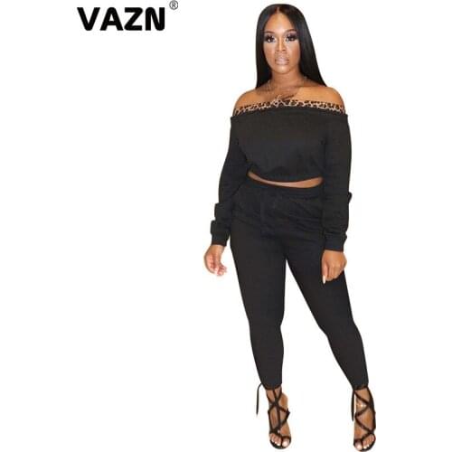VAZN 2020 Top Quality Sweet Black Young Daily Slash Neck Full Sleeve Group High Waist Long Pants Slim Women 2 Piece Set