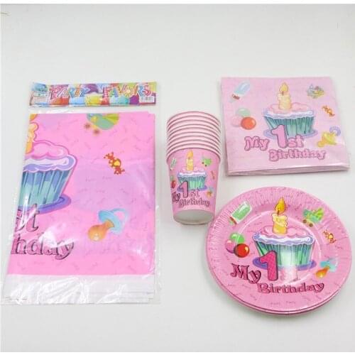 61pcs/lot Girls Kids Favors Tableware Set Plates Cups Dishes My 1st Birthday Events Maps Baby Shower Party Tablecloth Napkins