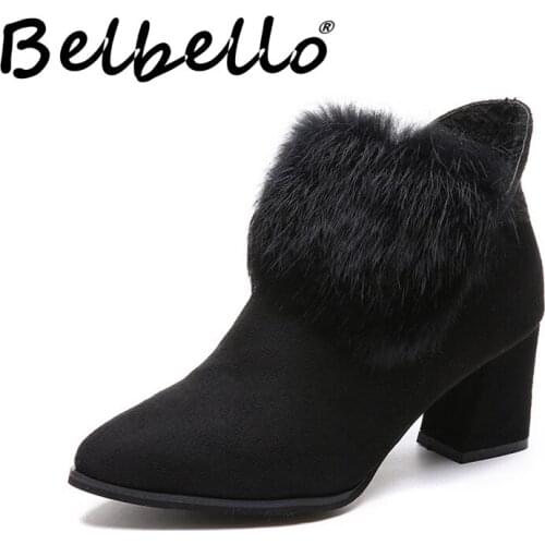 Belbello 2019 Winter new girl casual shoes Comfortable warm shoes Rabbit hair villi Women Short boots