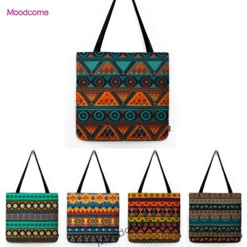 Bohemian Hawaii Ethnic Pattern Blue Purple African Toten Geometric Art Cotton Linen Beach Bag Waterproof Shoulder Tote Bag