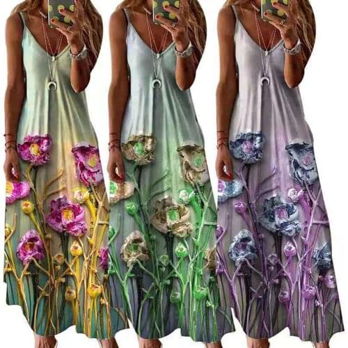 Women Summer Elegant Boho Dresses Series Heat Transfer Floral Patterns Maxi Beach Robe Femme Dropshipping Vestidos Mujer Verano