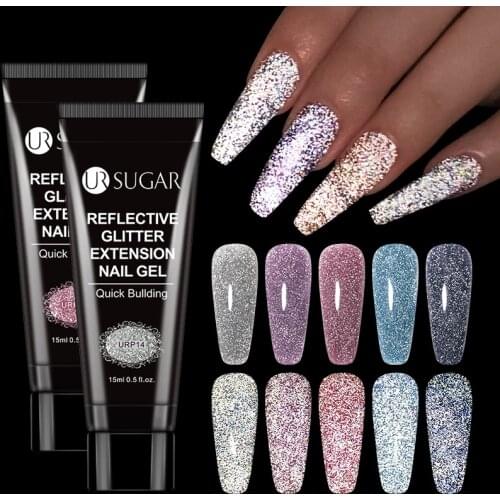 UR SUGAR Reflective Glitter Extension Nail Gel 15ml Soak Off UV Long Lasting Fast Building Gel Nail Polish for Nail Extension