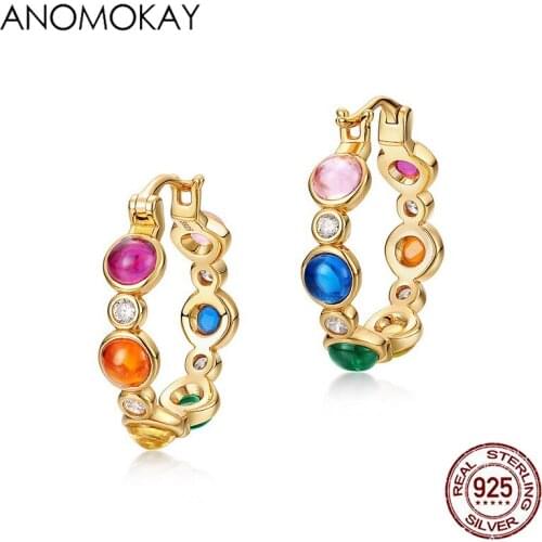 Anomokay Classic Exaggerated Rainbow CZ Gold Color Earrings for Women Gift European American Style Ruby 925 Silver Earring