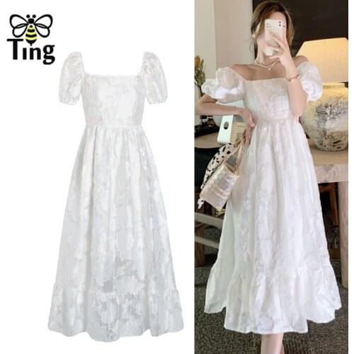 Tingfly Summer Vintage Elegant Puff Sleeve A Line White Color Pricess Dress Street Casual Slash Collar Midi Vestidos Elbise Za