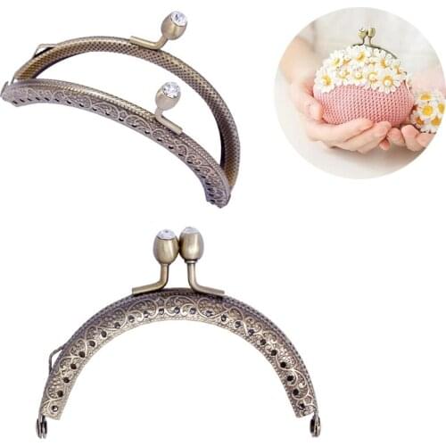 LMDZ 1Pcs Metal Kiss Clasp Purse Frame Handle for Clutch Bag Antique Bronze Oval Clear Rhinestone Accessory