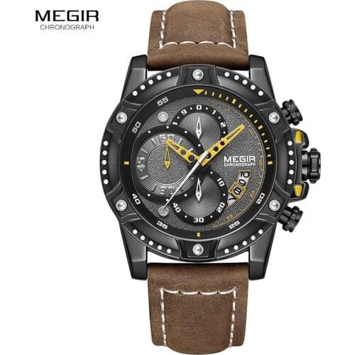 MEGIR Mens Chronograph Watches Top Brand Leather Strap Quartz Watch Man Military Sport Wristwatch Man Relogios Masculino Clock Relojes de Hombre 2130