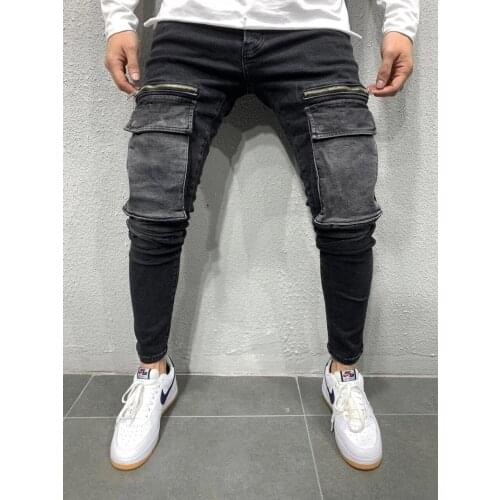 Men Stretchy Multi-pocket Skinny Jeans men pocket zipper pencil Pants Casual Trousers Hip hop sweatpants
