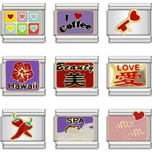 Hapiship New Original Daisy Coffee Key SPA Heart Love Charm Italian Link Fit 9mm Bracelet Stainless Steel Jewelry Making DJ094