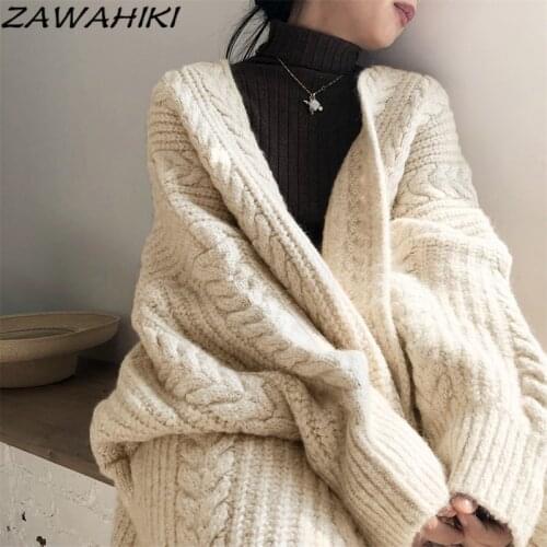ZAWAHIKI Autumn Winter New Simple Vintage Solid Wool Womens Knitted Cardigan Loose Full Sleeve V Neck Twist Long Thick Sweater