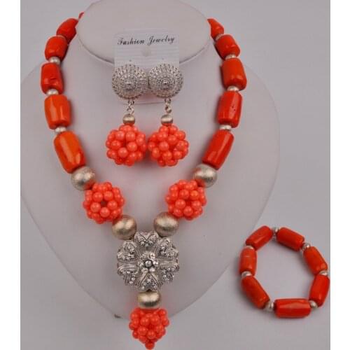 Latest Orange Nigerian Coral Beads Bridal Jewelry Set African Wedding Necklace Sets 12-K-05