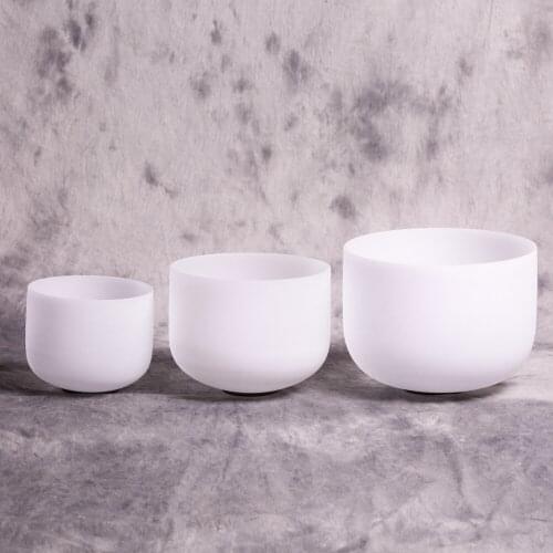 6" 8" 10" Frosted Quartz Crystal Singing Bowl Chakra Set 3pcs