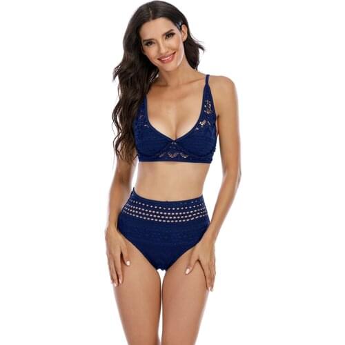 Sexy Women High Waist Bikini Lace Swimsuit Hollow Out Swimwear Female Bandeau Thong Brazilian Biquini Bikini Set Bathing Suit