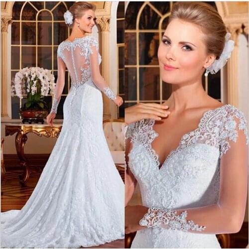 Vintage wedding 2020 lace appliques mermaid court train sheer back long sleeve bridal dresses gowns