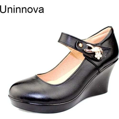 Women Wedges Genuine Leather Platform Mary Jane Round Toe Business Shallow upper Crystal Pumps Court Shoes Black WP146