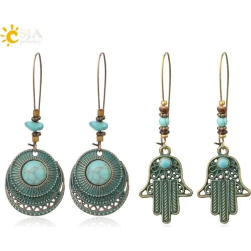CSJA Boho Vintage Ethnic Dangles Drop Earrings Hamsa Hand Round Long Earrings for Women Female Wedding Anniversary Jewelry S560